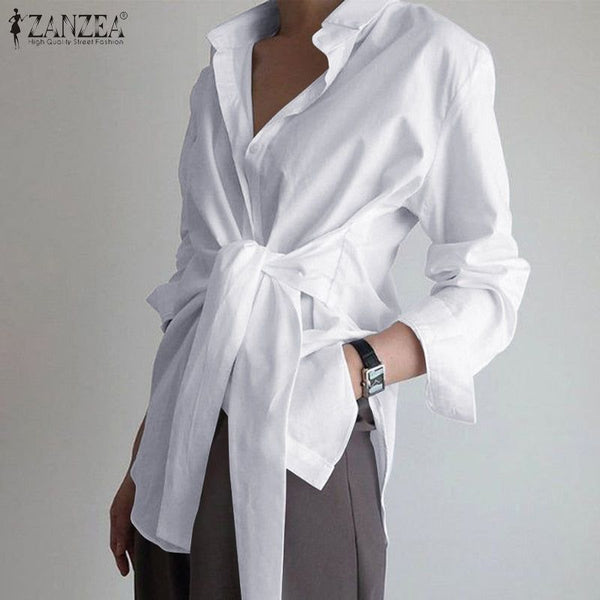 Women's Long Sleeve ZANZEA Casual Lace Up Shirts Elegant Lapel Neck OL Asymmetric - Frimunt Clothing Co.