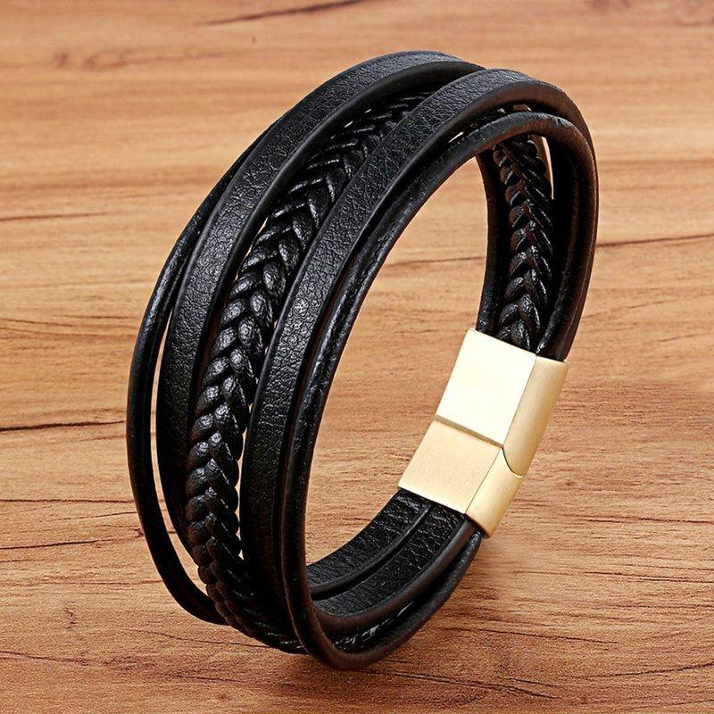 Stainless Steel Charm Magnetic Black Men Bracelet Leather Genuine Braided Punk Rock Bangles Jewelry Accessories - Frimunt Clothing Co.