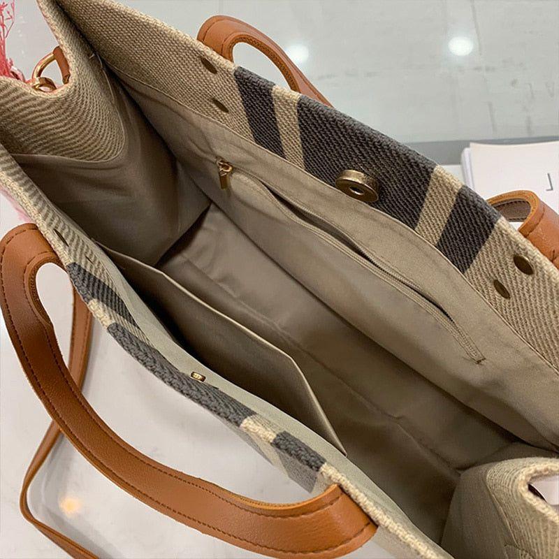 Women's Large Capacity Tote Handbag Vintage Striped Print On Canvas Leather Handles - Frimunt Clothing Co.