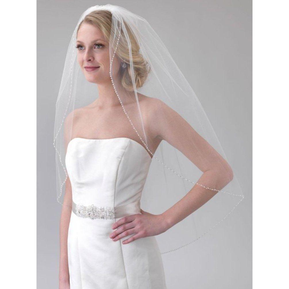 White Ivory Cathedral Crystal Wedding Veil Custom Length 1 Tier With Metal Comb - Frimunt Clothing Co.