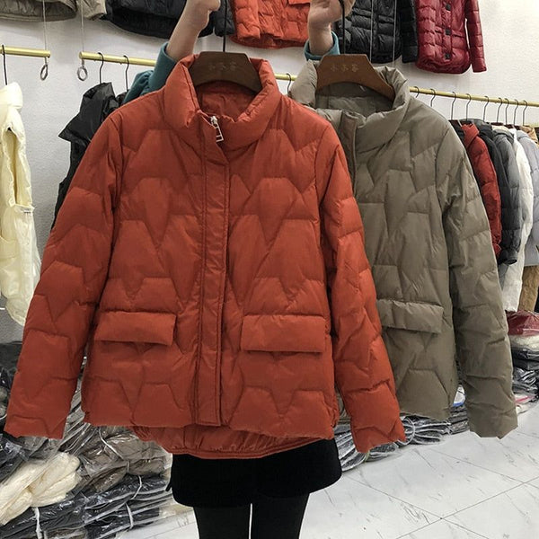 Ultra Light Quilted Women's Down Jacket Stand Collar 90% White Duck Down Solid Color - Frimunt Clothing Co.