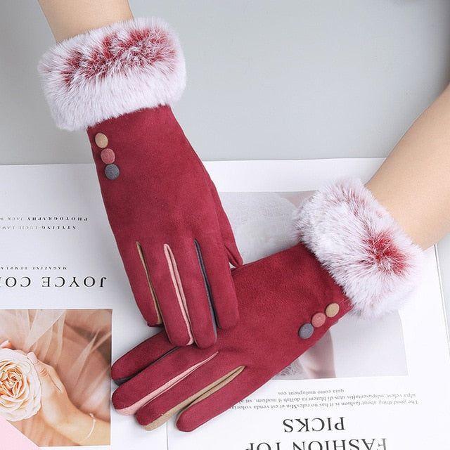 Fashion Women Winter Warm Suede Leather Touch Screen Glove Female Faux Rabit Fur Embroidery Plus velvet thick driving gloves H92 - Frimunt Clothing Co.