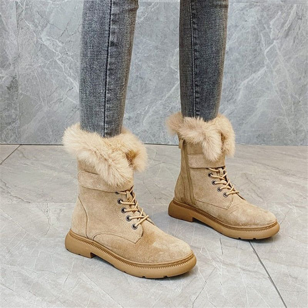 Women's Boots Suede Leather Flat Mid-Calf Boots Winter Plush Fur Warm Boots 34-43 - Frimunt Clothing Co.