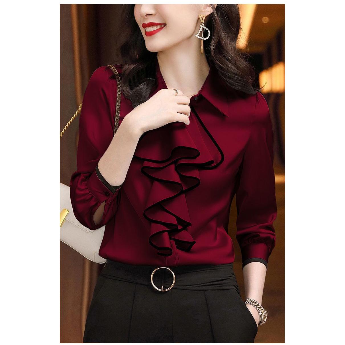 Women's Elegant Ruffle Wave Long Sleeve Spring Autumn Blouse - Frimunt Clothing Co.