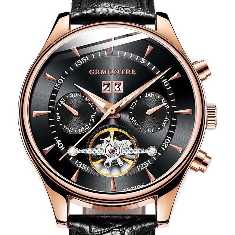 Men's Skeleton Tourbillon Mechanical Watch Automatic Classic Rose Gold Leather Band Wrist Watch - Frimunt Clothing Co.