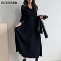 Elegant V-Neck Autumn Winter Knitted Belted Pleated Women's Long Dress - Frimunt Clothing Co.