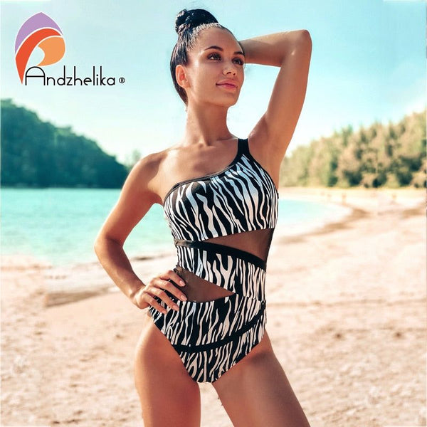 Andzhelika Sexy One Piece Swimsuit Zebra Stripe Mesh Transparency Push Up Padded Swimwear 2022 - Frimunt Clothing Co.