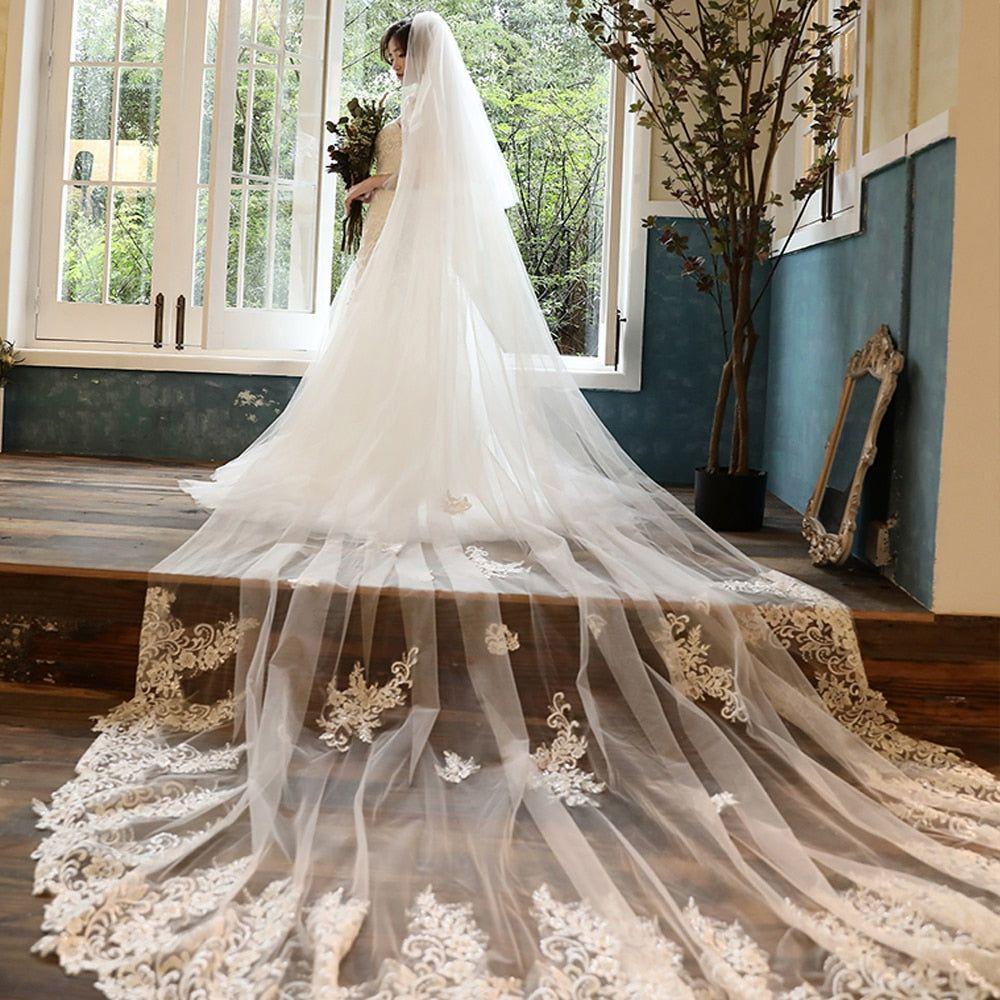 2Tier Appliques Wedding Veil With Face Cover Bridal Veils Cathedral Length Two Layer - Frimunt Clothing Co.