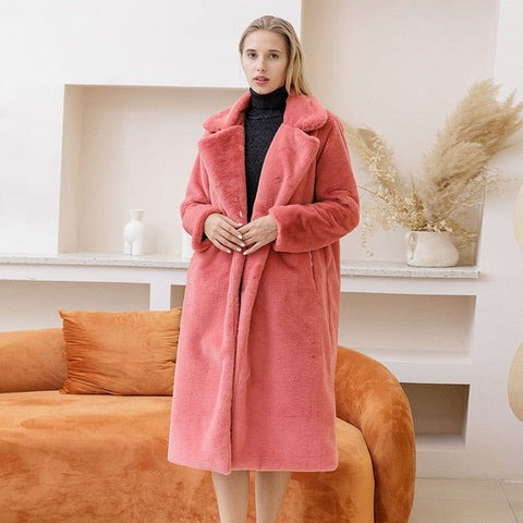 2023 New Women Winter Warm Faux Fur Coat Thick Women Long Coat Turn Down Collar