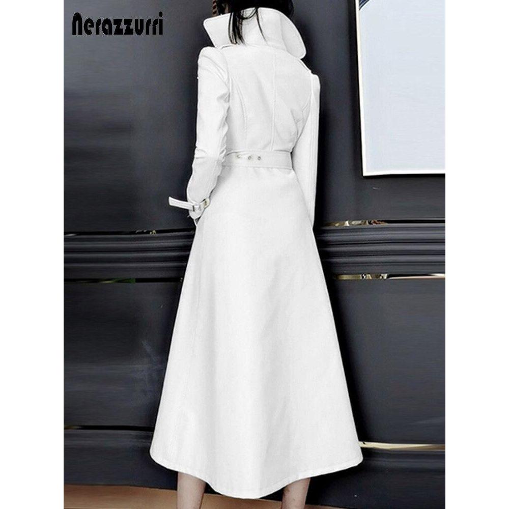 Nerazzurri Spring Runway White Long Leather Trench Coat for Women Long Sleeve Elegant Luxury Fashion - Frimunt Clothing Co.