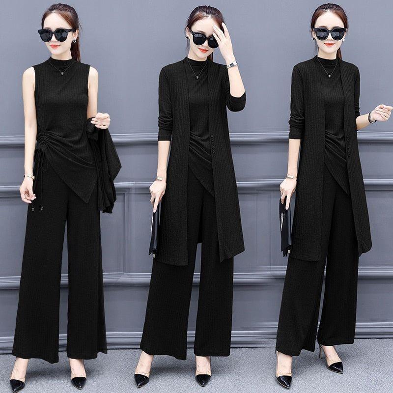 Ribbed Knit 3 Piece Set Women Plus Size Casual Long Cardigan + Vest Top + Wide Leg Pants Suit - Frimunt Clothing Co.