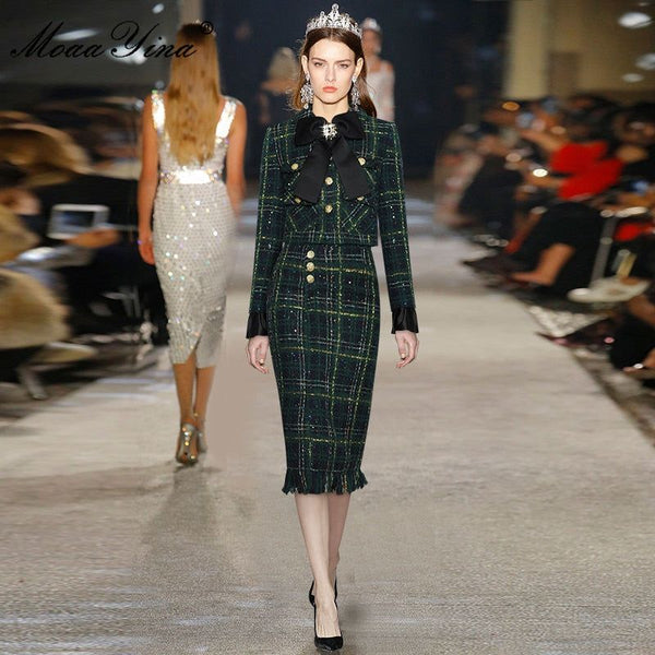 Designer Winter Plaid Tweed Skirt Suit Bow Beading Long Sleeve Jacket + Tassel Skirt