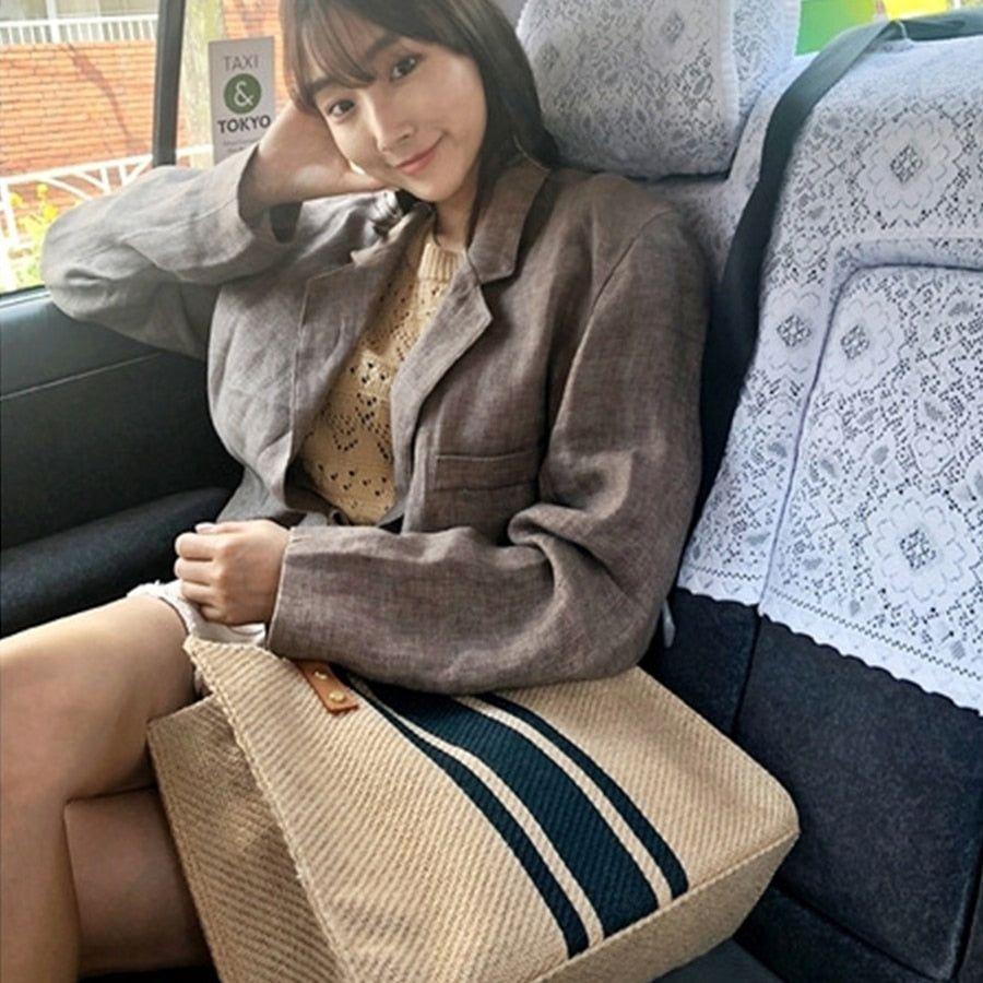 Women's Large Capacity Tote Handbag Vintage Striped Print On Canvas Leather Handles - Frimunt Clothing Co.