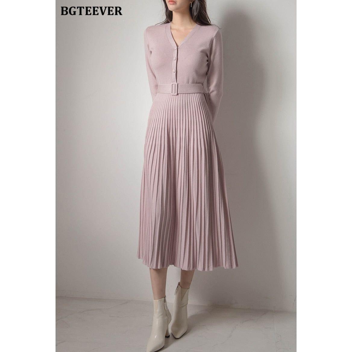 Elegant V-Neck Autumn Winter Knitted Belted Pleated Women's Long Dress - Frimunt Clothing Co.