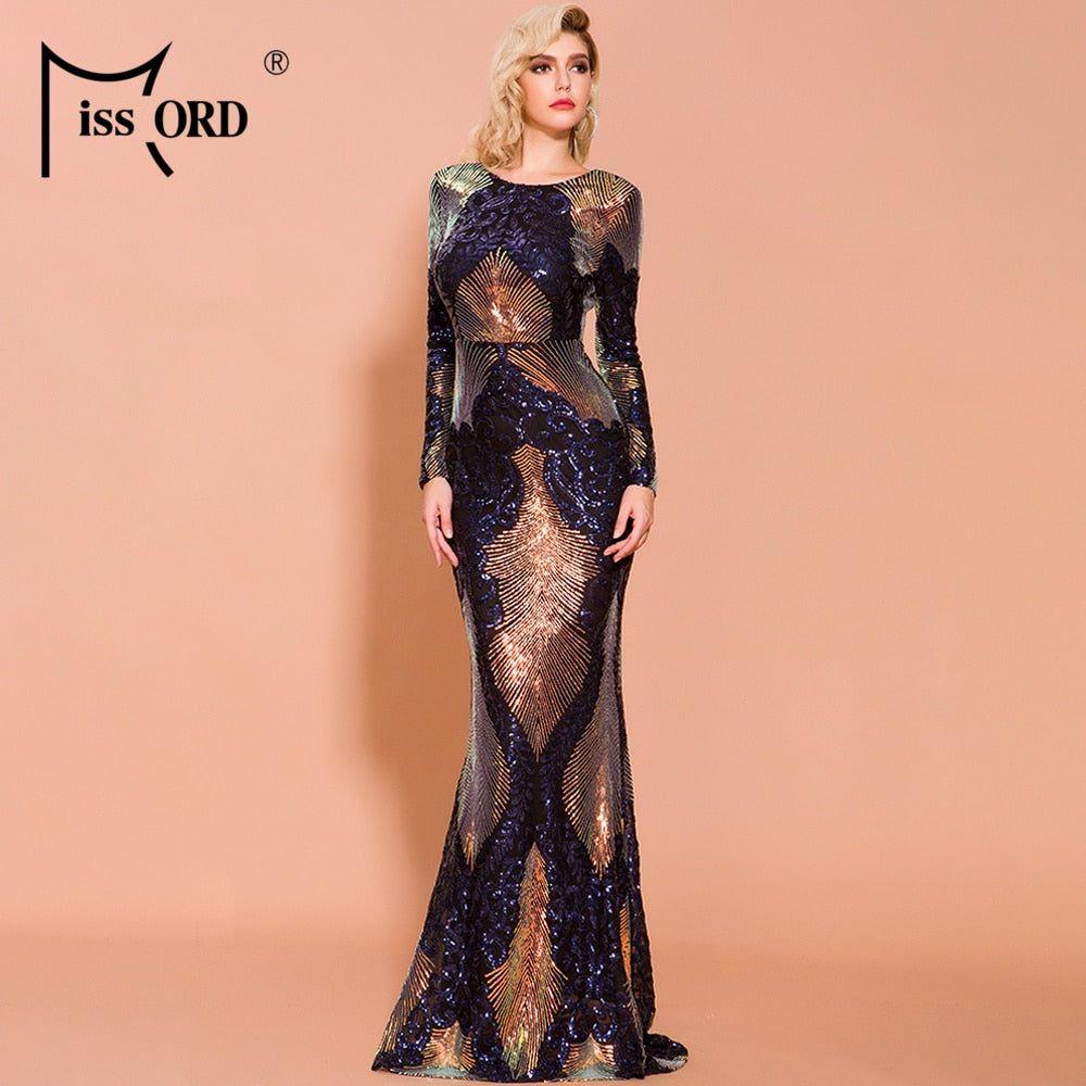Women Sexy O Neck Backless Sequin Long Wedding Dresses Bodycon Evening Party Dress Gold - Frimunt Clothing Co.