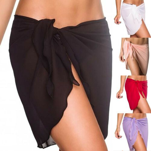 Women Beach Bikini Cover Up Solid Color Pareo Chiffon Wrap Skirt Sarong Beachwear