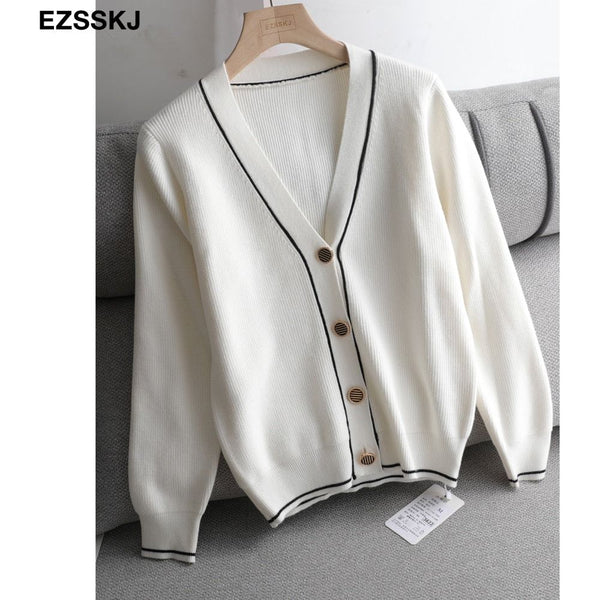 New White Black Solid Women's Cardigan Sweaters V-Neck Ribbed Knit Classic Style - Frimunt Clothing Co.
