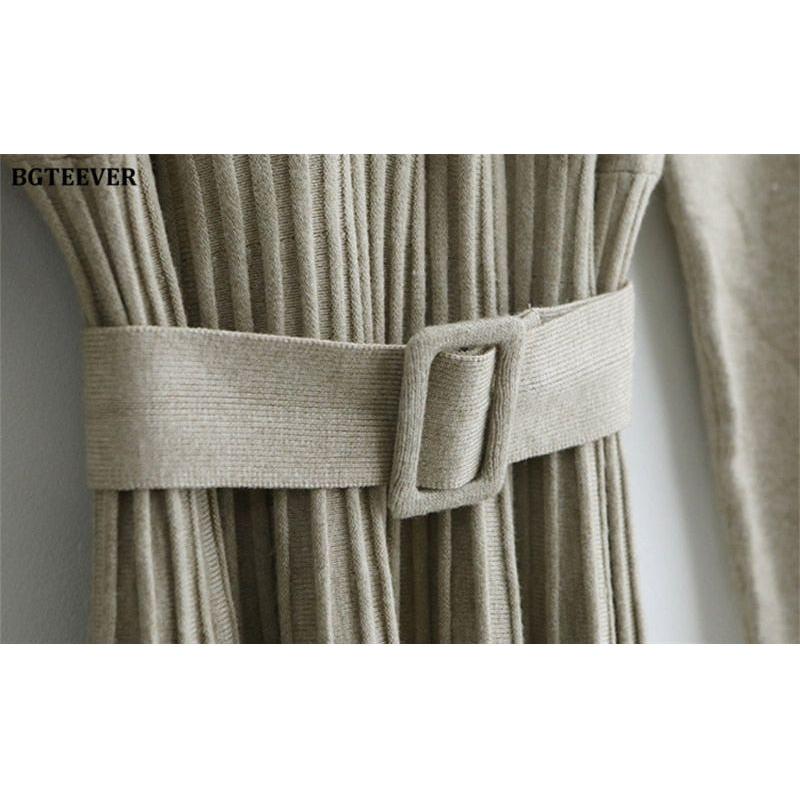 Elegant V-Neck Autumn Winter Knitted Belted Pleated Women's Long Dress - Frimunt Clothing Co.