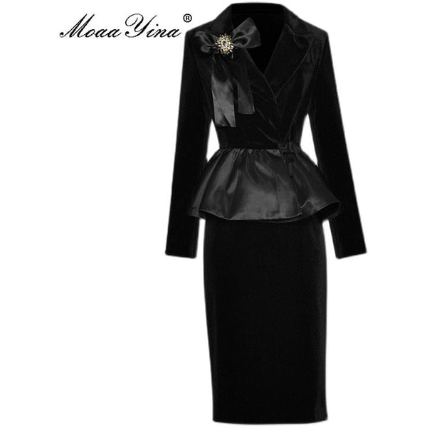 Designer Winter Women's 2 Piece Set Notched Bow Beading Long Sleeve Ruffle Top + Black Velvet Skirt