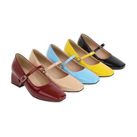 Retro Pumps Square Toe Mary Janes Buckle Strap 5cm Chunky Heel Shoes Black Red Apricot Blue Yellow - Frimunt Clothing Co.
