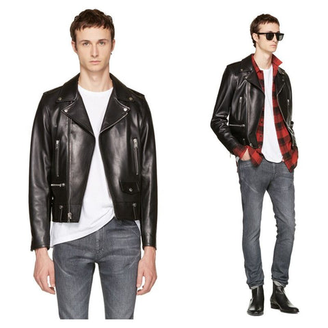 Men's Genuine Leather Jacket. Classic Cool Biker Style. Sheepskin.