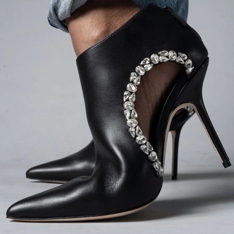Sexy Pointed Toe Crystal Hollow Out Ankle Boots Solid Leather Back Zipper Thin High Heel Designer Pumps - Frimunt Clothing Co.