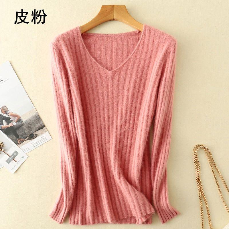 Super Warm 100% Mink Cashmere Women Sweaters Winter High Elasticity Soft Tops V-neck Casual Basics - Frimunt Clothing Co.