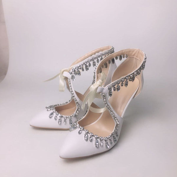 Fashion Bridal Crystal Pointed Toe Rhinestone Stiletto Shoes High Heels Lace-Up