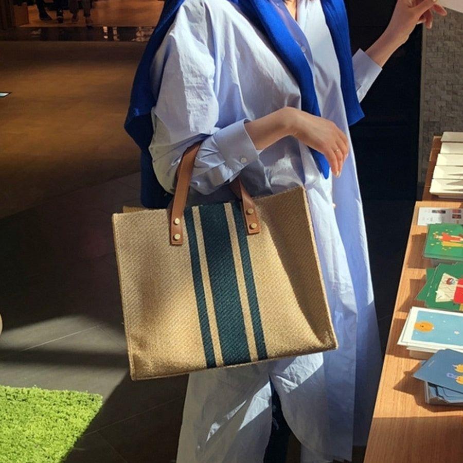 Women's Large Capacity Tote Handbag Vintage Striped Print On Canvas Leather Handles - Frimunt Clothing Co.