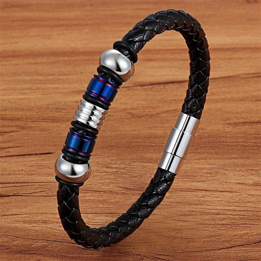 Stainless Steel Charm Magnetic Black Men Bracelet Leather Genuine Braided Punk Rock Bangles Jewelry Accessories - Frimunt Clothing Co.