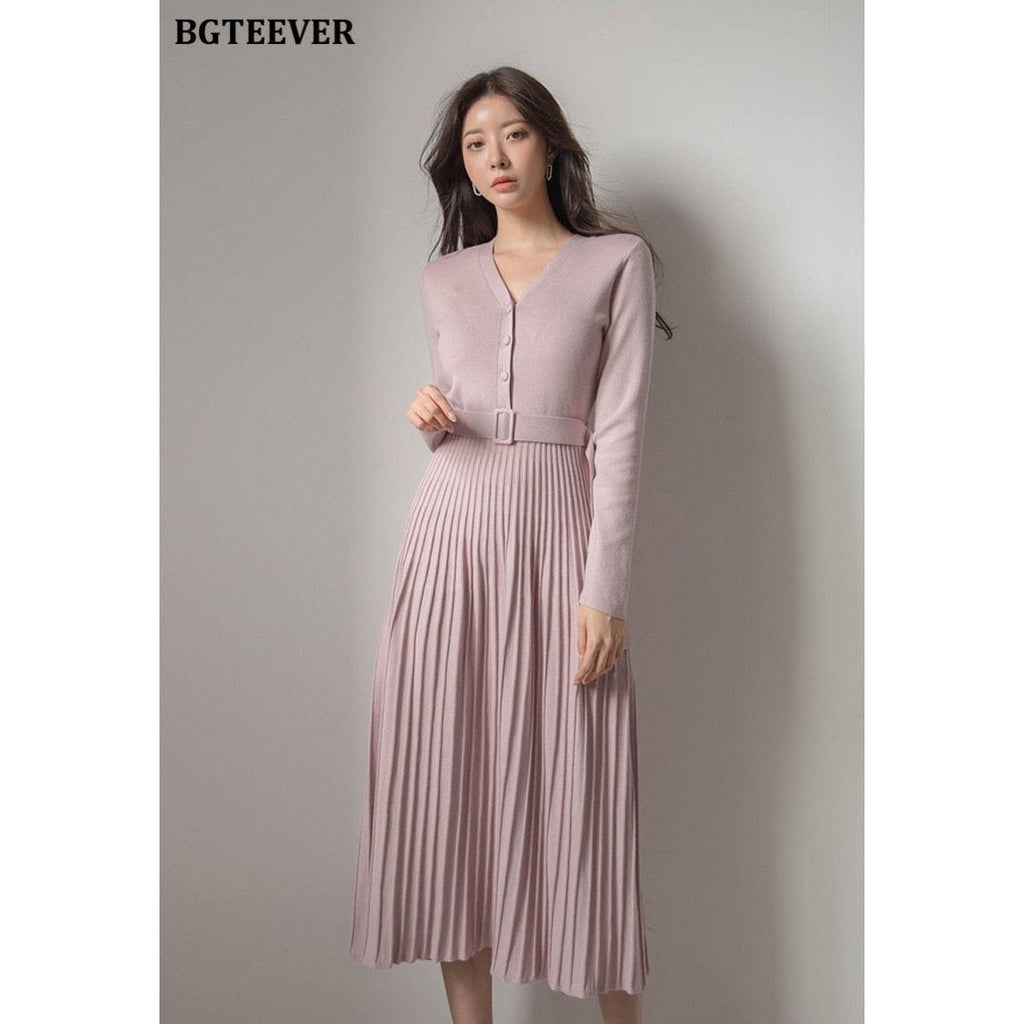 Elegant V-Neck Autumn Winter Knitted Belted Pleated Women's Long Dress - Frimunt Clothing Co.