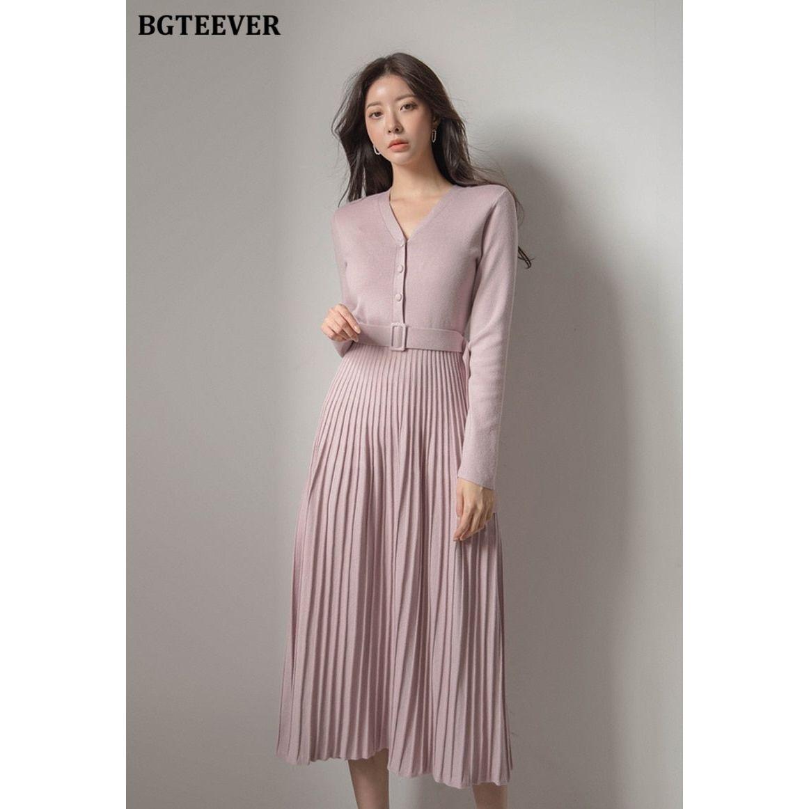 Elegant V-Neck Autumn Winter Knitted Belted Pleated Women's Long Dress - Frimunt Clothing Co.