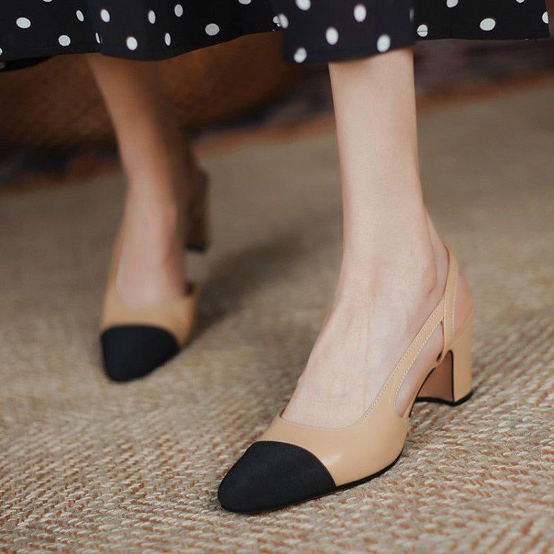 Women Luxury Brand Designer Inspired Low Mid Heels Natural Genuine Leather Slingback Beige Nude Pumps - Frimunt Clothing Co.