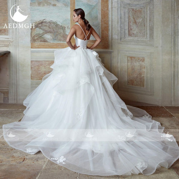 Claire Satin Ball Gown Wedding Dress Spaghetti Straps Ruffles Beaded Tiered Bridal Gown