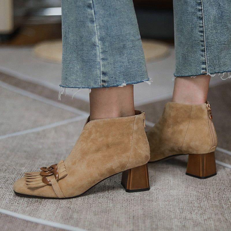 Autumn Ladies Sheep Suede Fringe Zip Ankle, Midi Heel, Chain And Tassel Booties - Frimunt Clothing Co.