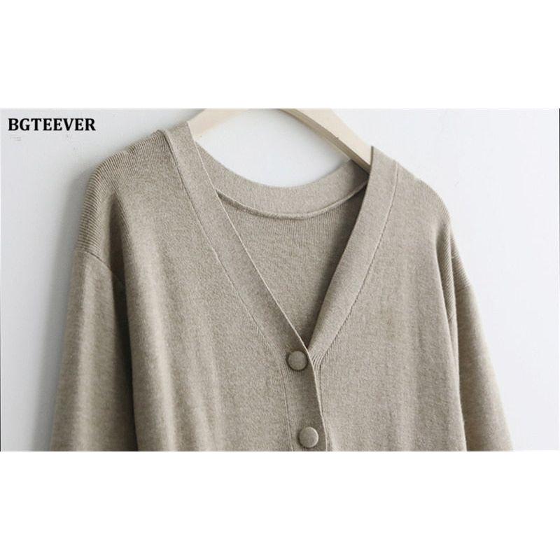 Elegant V-Neck Autumn Winter Knitted Belted Pleated Women's Long Dress - Frimunt Clothing Co.