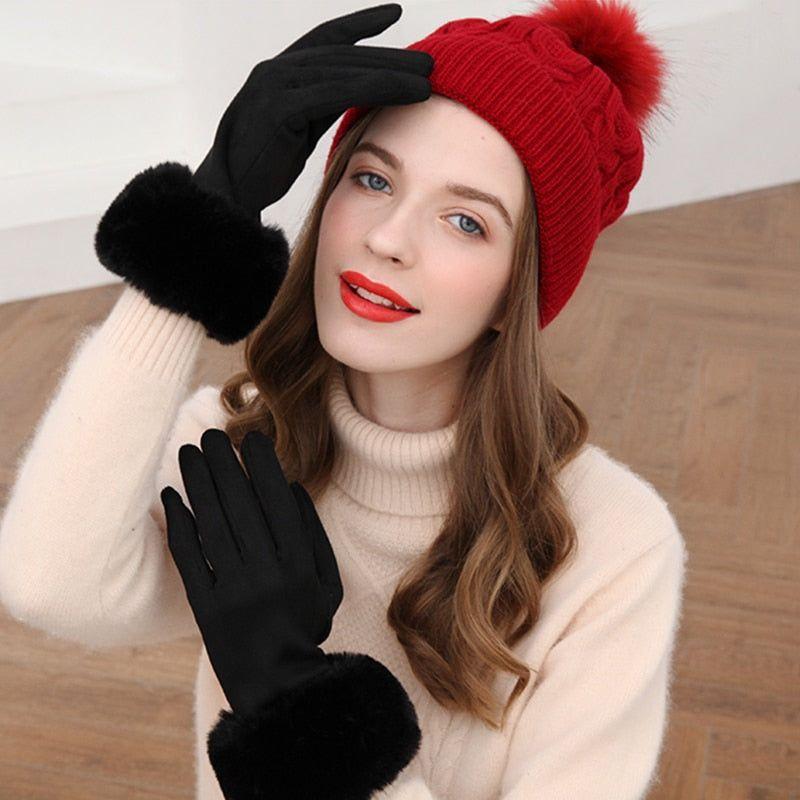 Fashion Women Winter Warm Suede Leather Touch Screen Glove Female Faux Rabit Fur Embroidery Plus velvet thick driving gloves H92 - Frimunt Clothing Co.