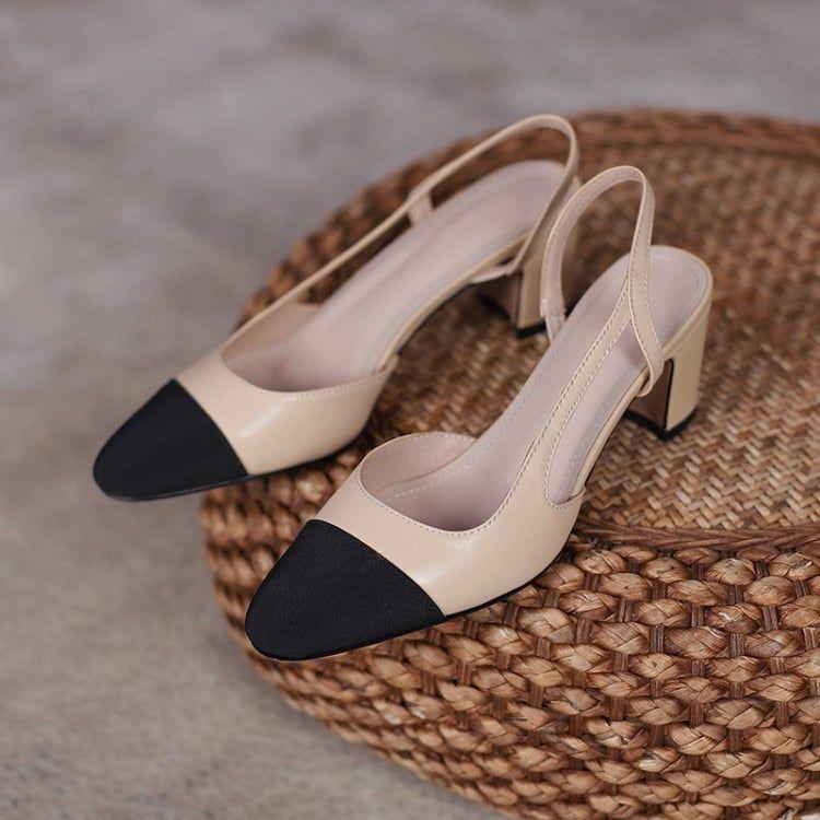 Women Luxury Brand Designer Inspired Low Mid Heels Natural Genuine Leather Slingback Beige Nude Pumps - Frimunt Clothing Co.