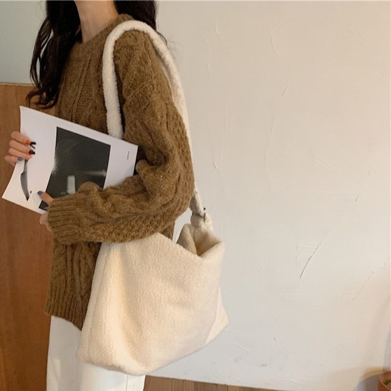 Winter Lamb Faux Fur Women's Shoulder Bag Solid Color Soft Fluffy Plush Large Capacity Tote - Frimunt Clothing Co.