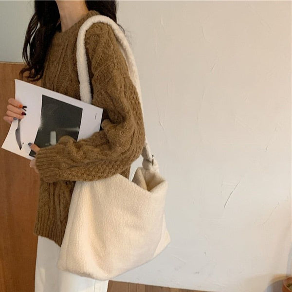 Winter Lamb Faux Fur Women's Shoulder Bag Solid Color Soft Fluffy Plush Large Capacity Tote