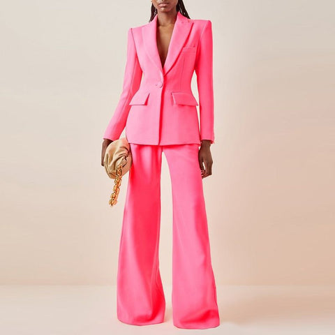 HIGH STREET 2023 S/S Designer Runway Women's Suit Single Button Slim Fit Blazer Flare Pants Hot Pink - Frimunt Clothing Co.