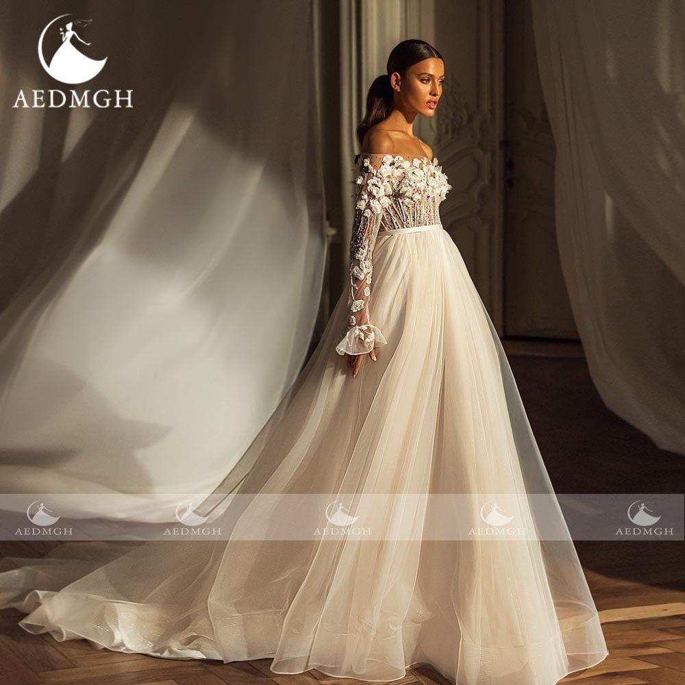 Evelyn Romantic 3D Flowers Wedding Dress Boat Neck Long Sleeve Beaded Appliques - Frimunt Clothing Co.