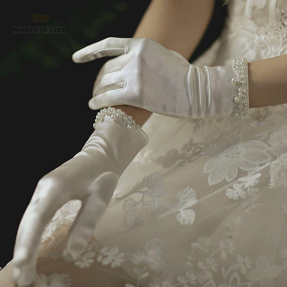 Elegant Satin Short Bridal Gloves Beaded Wedding Gloves - Frimunt Clothing Co.