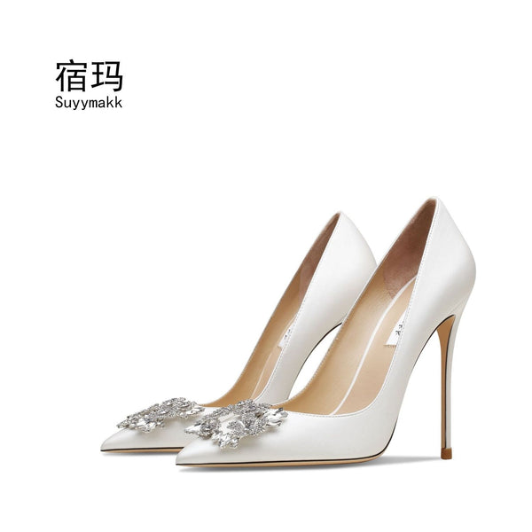 Luxury Pointed Toe Pumps High Heels Bridal Shoes With Rhinestones
