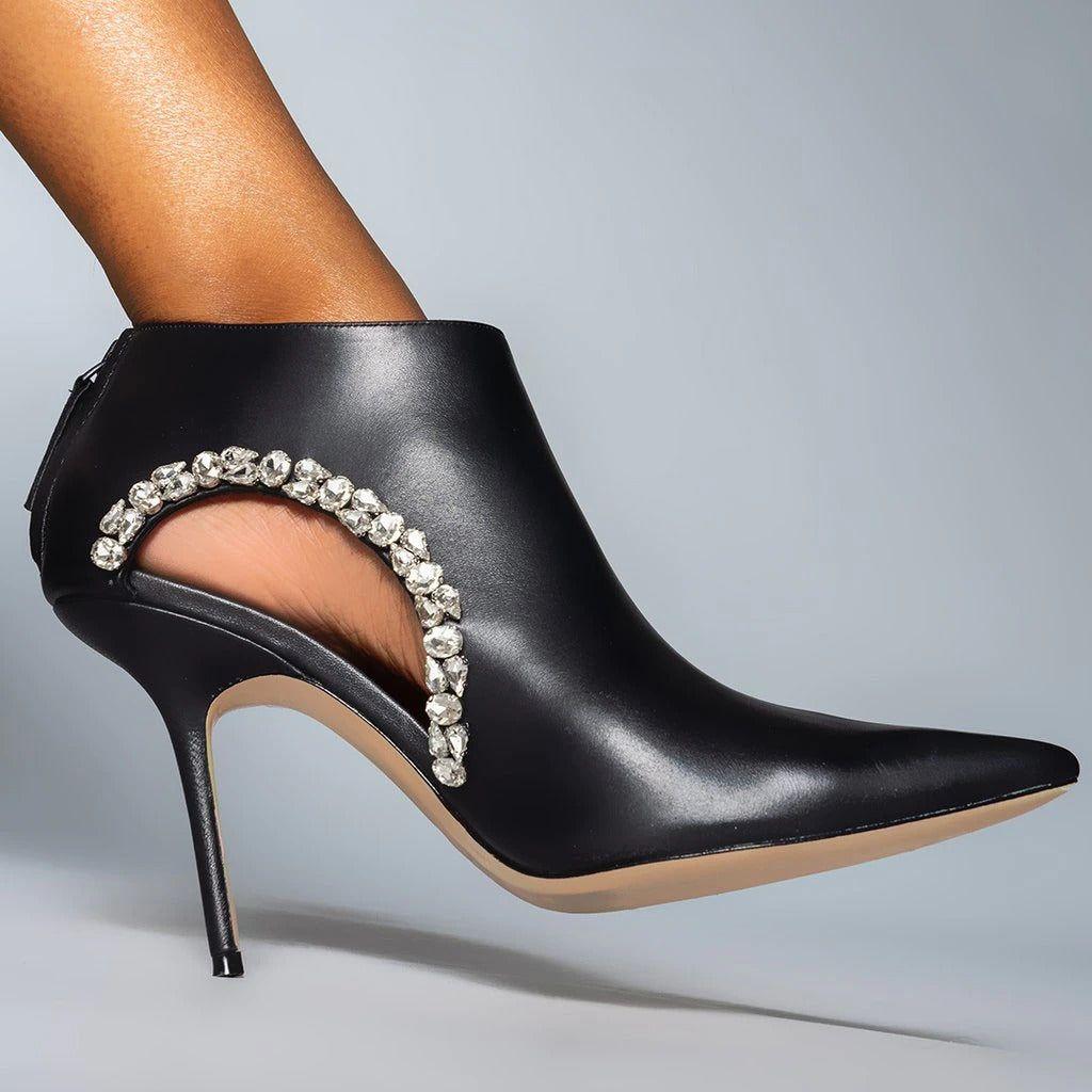 Sexy Pointed Toe Crystal Hollow Out Ankle Boots Solid Leather Back Zipper Thin High Heel Designer Pumps - Frimunt Clothing Co.