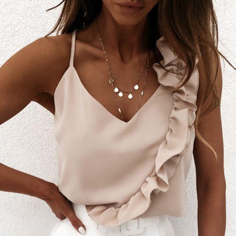 Summer Sexy Elegant V Neck Crossed Ruffle Spaghetti Straps Blouse - Frimunt Clothing Co.