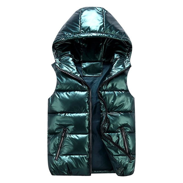 DIMUSI Men's Unisex Vest Winter Fashion Silver Metallic Colors Cotton-Padded Hooded Sleeveless Jackets Casual Thick - Frimunt Clothing Co.