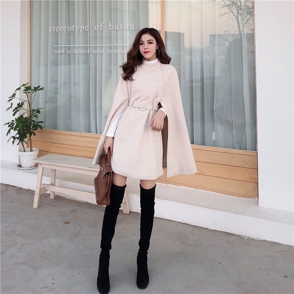 Autumn High Quality Woolen Cape Poncho With Belt For Women Mid-length Sleeveless - Frimunt Clothing Co.