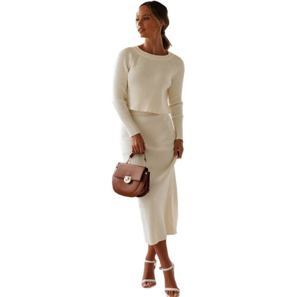 Women's 2 Pieces Set Knitted Pullover Crop Sweater Top And Long Back Slit Bodycon Skirt