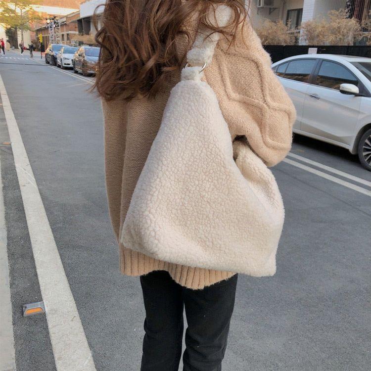 Winter Lamb Faux Fur Women's Shoulder Bag Solid Color Soft Fluffy Plush Large Capacity Tote - Frimunt Clothing Co.